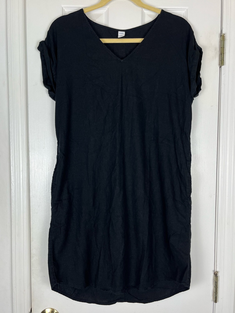 Old Navy Linen Rayon Tunic Shift Dress Black Short Sleeve Above Knee